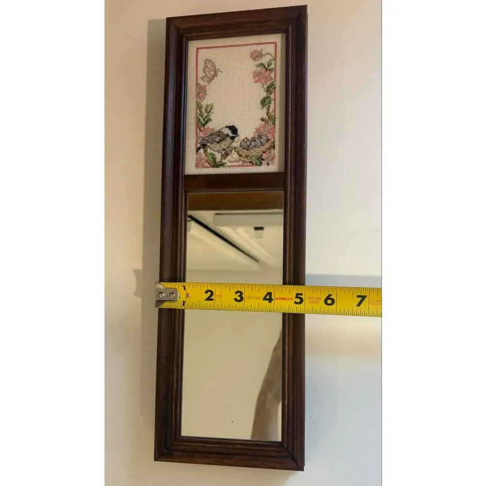 Vintage Wooden Mirror with Bird Cross Stitch